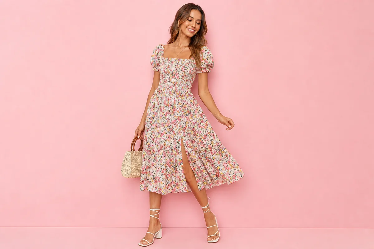 Young woman in BCX floral midi dress at outdoor brunch