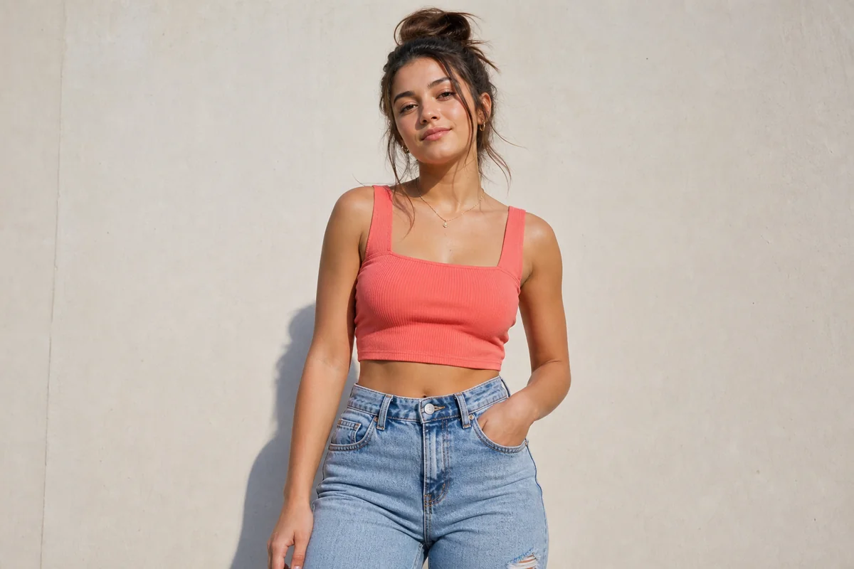 BCX crop tee styled with high-rise jeans and sneakers
