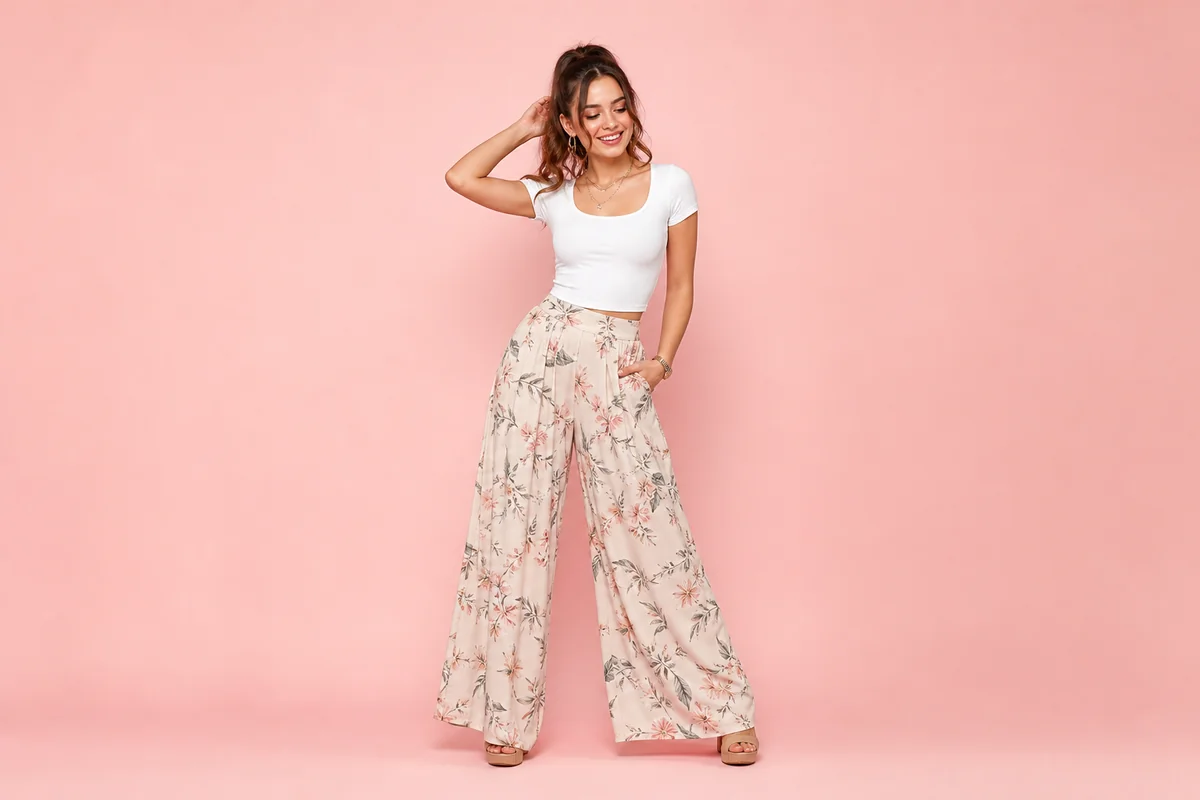 Wide leg pants and fitted top on campus walkway